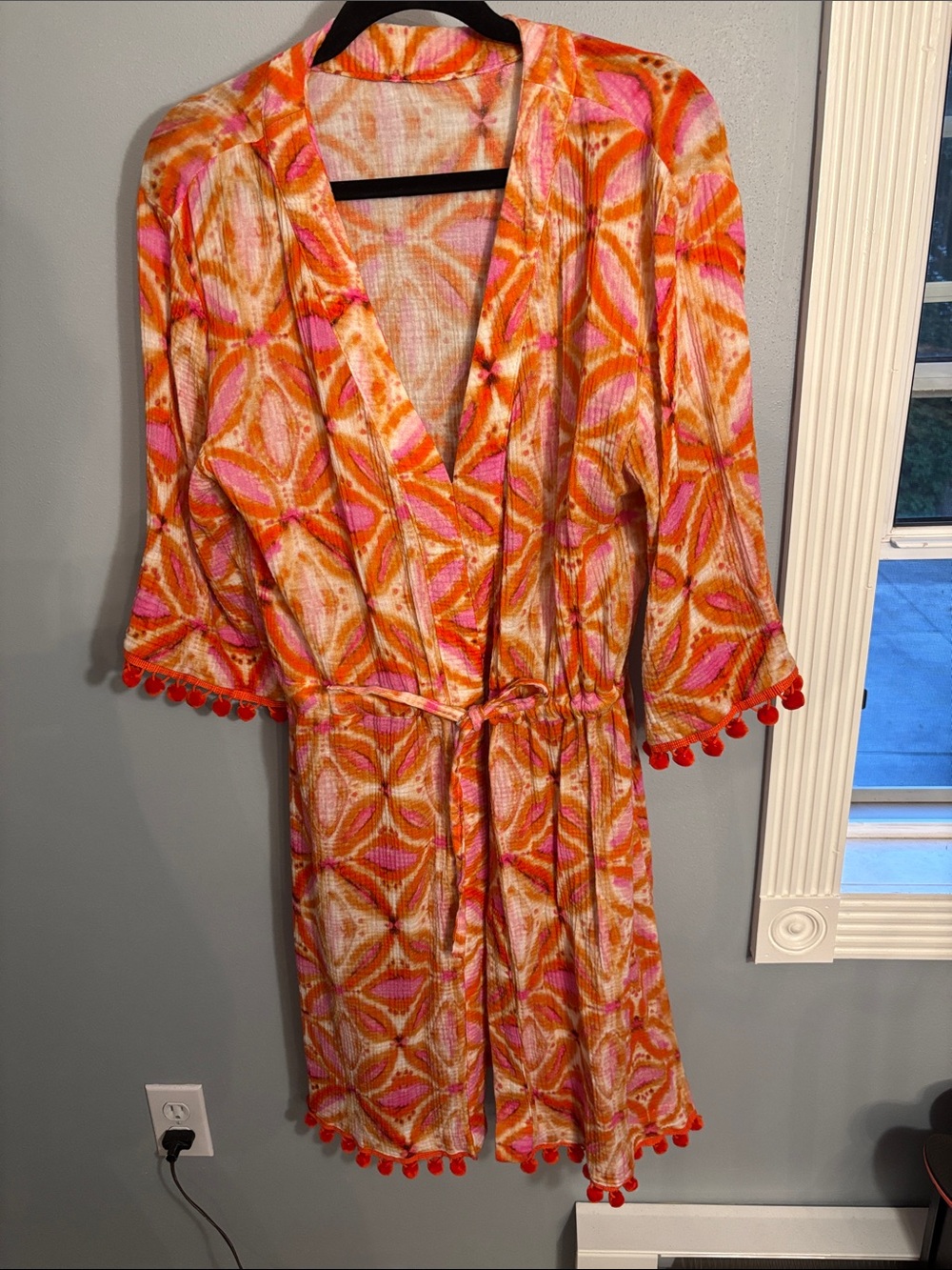 Ikat Orange & Pink Printed Tie-Waist Dress with Pom Trim